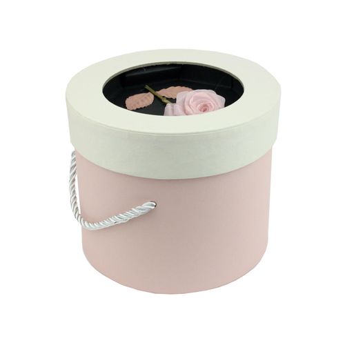 Emartbuy Rigid Luxury Round Shaped Presentation Gift Box, 13.8 x 8.5 cm, Pink Box with Cream Lid, Chocolate Brown Interior and with Rose Flower Decoration