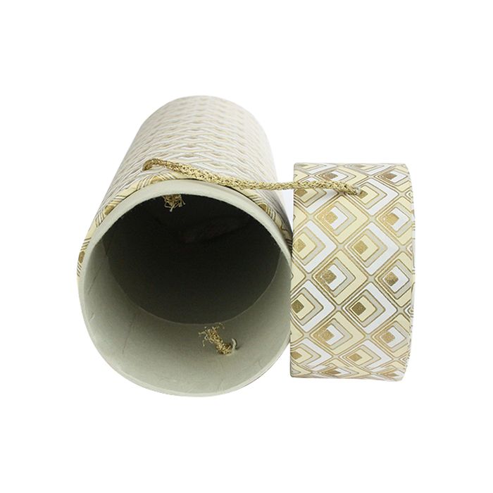 Emartbuy Rigid Luxury Round Shaped Presentation Handmade Cotton Paper Wine Gift Box, Printed Gold White, Cream Interior