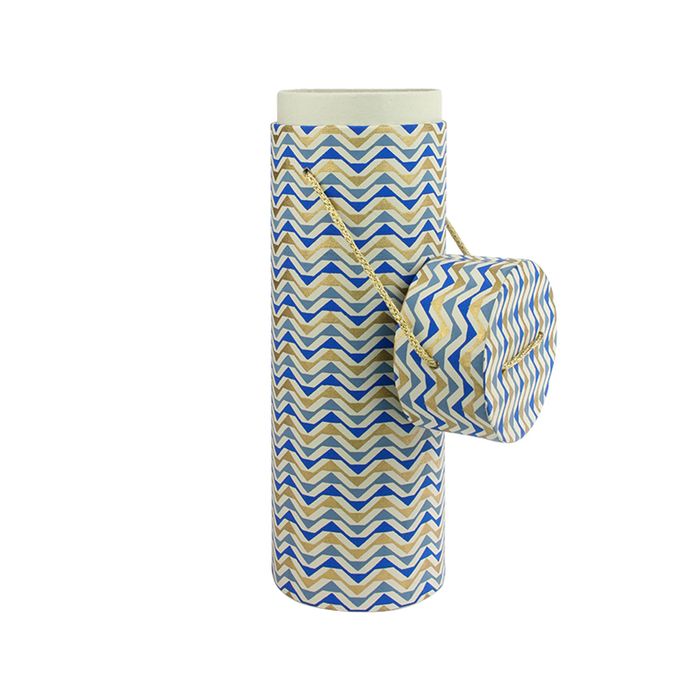 Emartbuy Rigid Luxury Round Shaped Presentation Handmade Cotton Paper Wine Gift Box, Printed Blue Gold White, Cream Interior