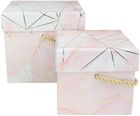 Emartbuy Set of 2 Rigid Box, Pink Marble Print with Gold Origami Lines and Golden Handle