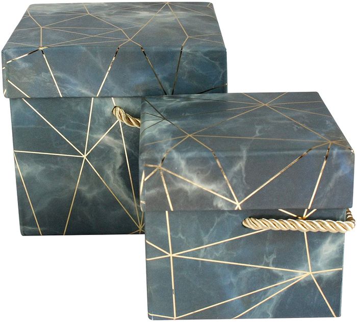 Emartbuy Set of 2 Rigid Box, Blue/Grey Marble Print with Gold Origami Lines and Golden Handle