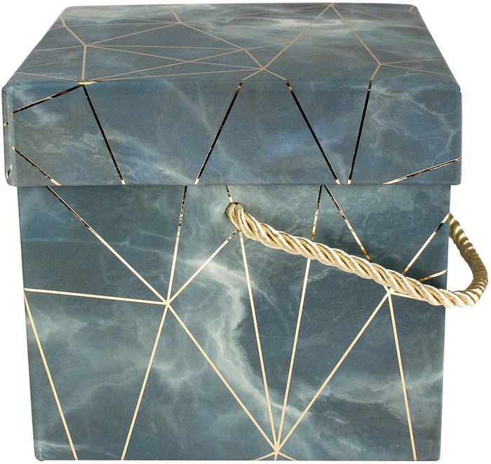 Emartbuy Set of 2 Rigid Box, Blue/Grey Marble Print with Gold Origami Lines and Golden Handle