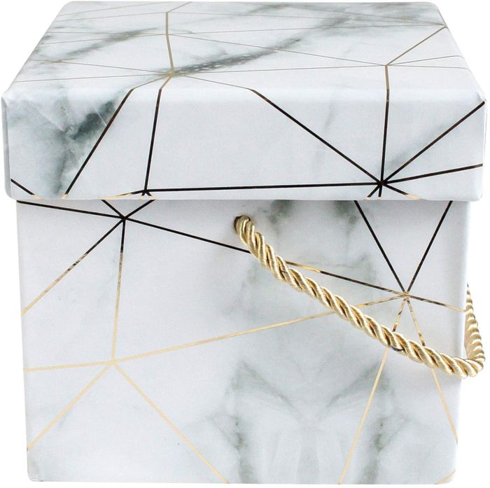 Emartbuy Set of 2 Rigid Box, White Marble Print with Gold Origami Lines and Golden Handle