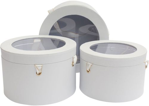 Emartbuy Set of 3 Rigid Flower Gift Box, White Print, Double Layer Interior and Satin Ribbon Handles