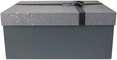 Emartbuy Rigid Gift Box, 40 x 29 x 18 cm, Dark Grey Box with Grey Gold Silver Lid and Gold Ribbon