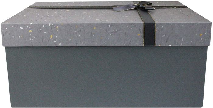 Emartbuy Rigid Gift Box, 33 x 23 x 13.5 cm, Dark Grey Box with Grey Gold Silver Lid and Gold Ribbon