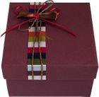 Emartbuy Rigid Luxury Square Shaped Presentation Gift Box, 13 x 13 x 9.5 cm, Textured Burgandy Box with Lid, Printed Interior and Multicoloured Stripes Decorative Ribbon