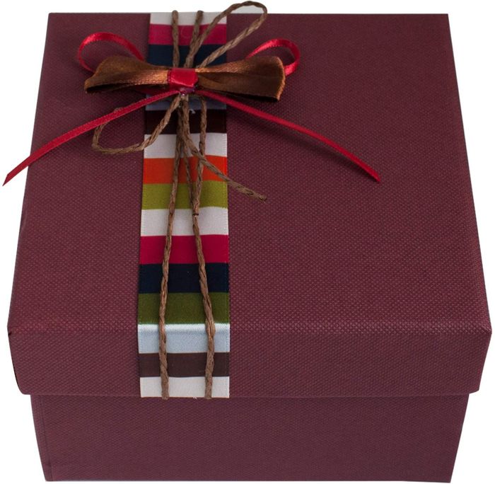 Emartbuy Rigid Luxury Square Shaped Presentation Gift Box, 13 x 13 x 9.5 cm, Textured Burgandy Box with Lid, Printed Interior and Multicoloured Stripes Decorative Ribbon