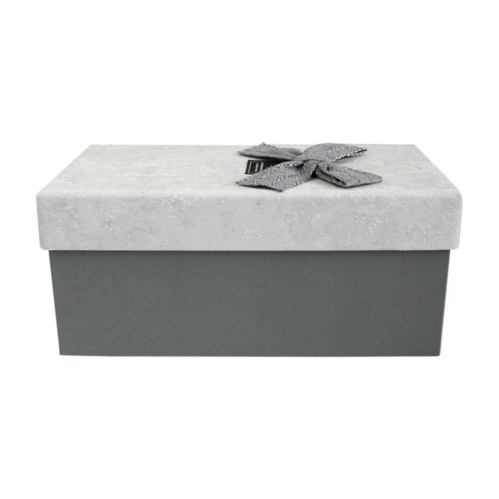 Emartbuy Rigid Luxury Rectangle Presentation Gift Box, Dark Grey Box with Textured Light Grey Lid, Chocolate Brown Interior and Decorative Bow