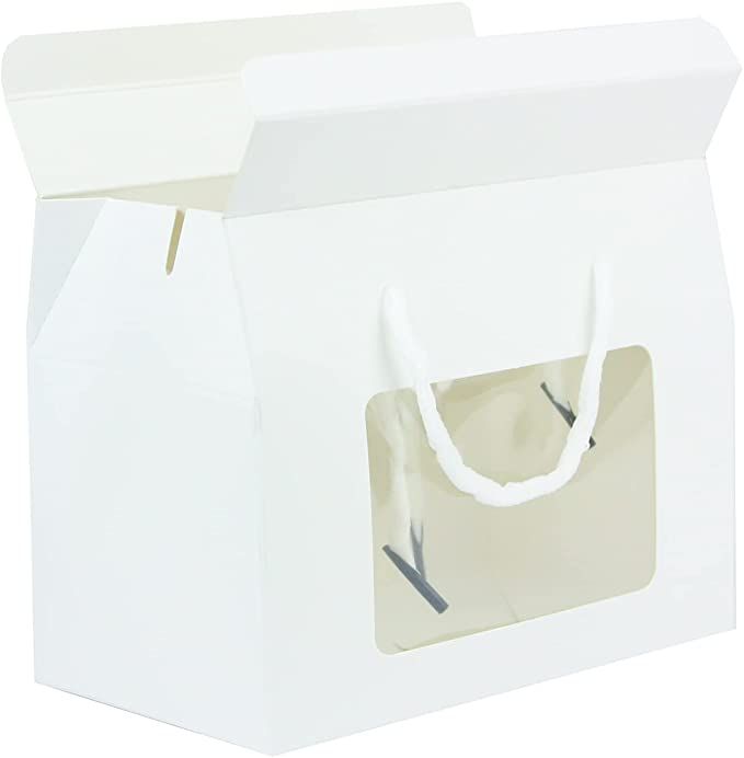 Emartbuy Strong Paper Stand Up Gift Box Bag, 15 cm x 11 cm x 9 cm, White Kraft Bag Box Cupcakes Cookies Muffin Pie Box with Clear Window and Carry Handle