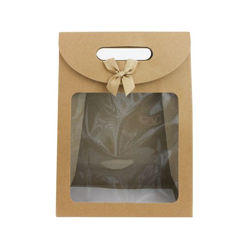 Emartbuy Strong Paper Stand Up Gift Bag, 26 cm x 19 cm x 9 cm, Brown Kraft Bag with Clear Window and Bow