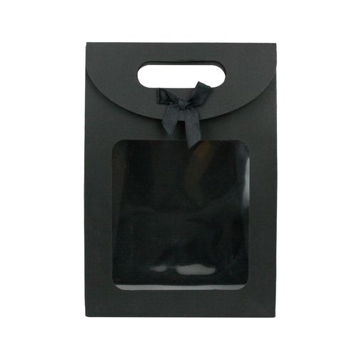 Emartbuy Strong Paper Stand Up Gift Bag, 26 cm x 19 cm x 9 cm, Black Kraft Bag with Clear Window and Bow