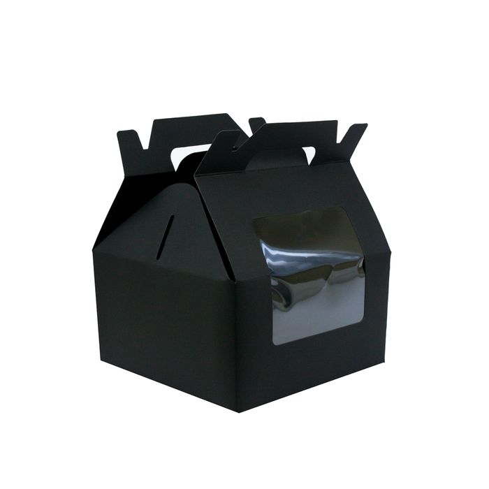 Emartbuy Strong Paper Stand Up Square Gift Box Bag, 9 cm x 9 cm x 16 cm, Black Kraft Bag Box Cupcakes Cookies Muffin Pie Box with Clear Window and Carry Handle