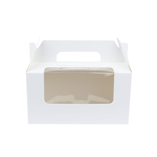 Emartbuy Strong Paper Stand Up Square Gift Box Bag, 9 cm x 9 cm x 16 cm, White Kraft Bag Box Cupcakes Cookies Muffin Pie Box with Clear Window and Carry Handle
