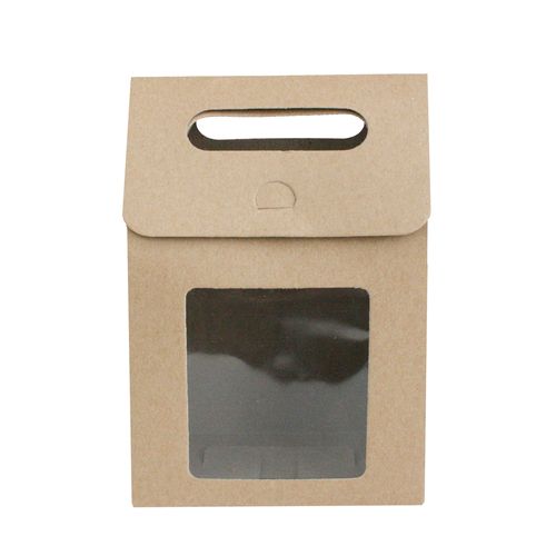 Emartbuy Strong Paper Stand Up Gift Bag, 27 cm x 16 cm x 9 cm, Brown Kraft Bag Candy Cookies Box with Clear Window