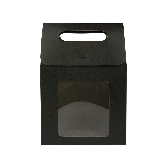 Emartbuy Strong Paper Stand Up Gift Bag, 19.5 cm x 13.5 cm x 8 cm, Black Kraft Bag Candy Cookies Box with Clear Window