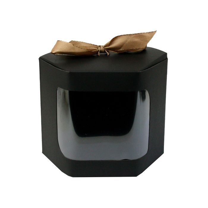 Emartbuy Strong Paper Stand Up Hexagon Gift Bag, 10 cm x 10 cm x 12 cm, Black Kraft Bag Cupcakes Cookies Muffin Pie Box with Clear Window and Ribbon