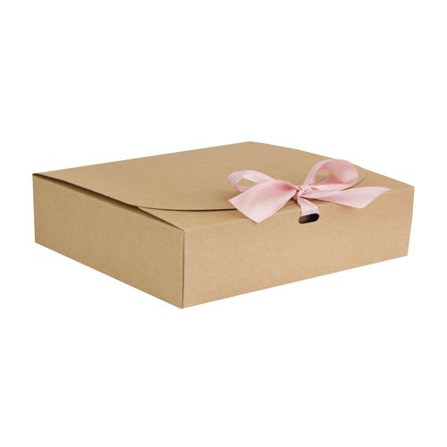 Emartbuy Square Shaped Presentation Gift Box, 16.5 cm x 16.5 cm x 5 cm, Easy Assembly, Brown Kraft Box with Baby Pink Bow Ribbon