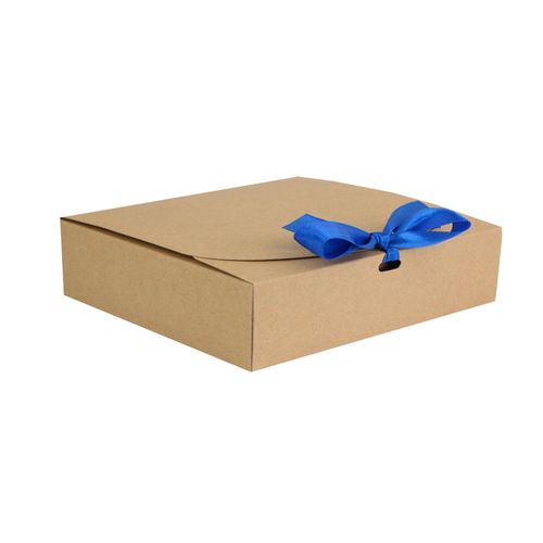Emartbuy Square Shaped Presentation Gift Box, 16.5 cm x 16.5 cm x 5 cm, Easy Assembly, Brown Kraft Box with Dark Blue Bow Ribbon