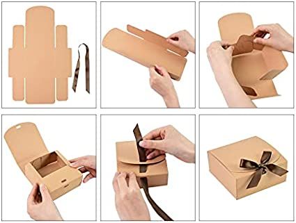 Emartbuy Square Shaped Presentation Gift Box, 16.5 cm x 16.5 cm x 5 cm, Easy Assembly, Brown Kraft Box with Light Blue Bow Ribbon