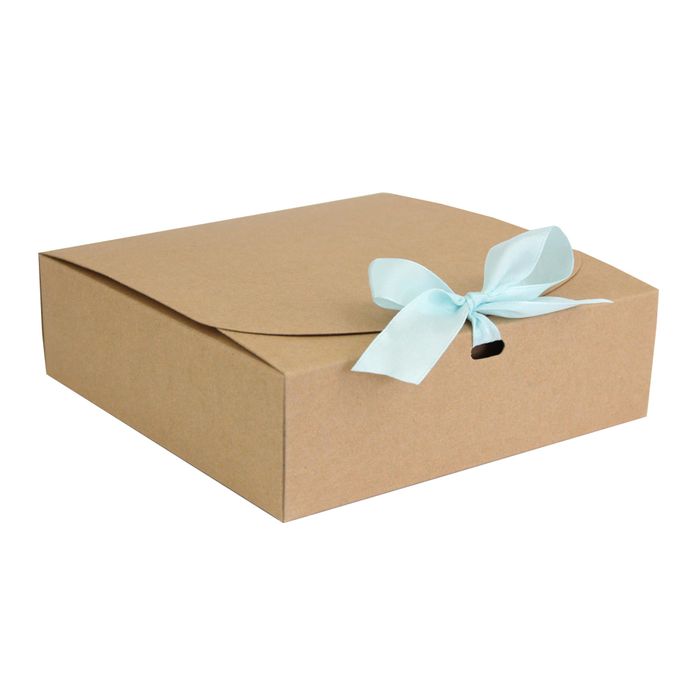 Emartbuy Square Shaped Presentation Gift Box, 16.5 cm x 16.5 cm x 5 cm, Easy Assembly, Brown Kraft Box with Light Blue Bow Ribbon