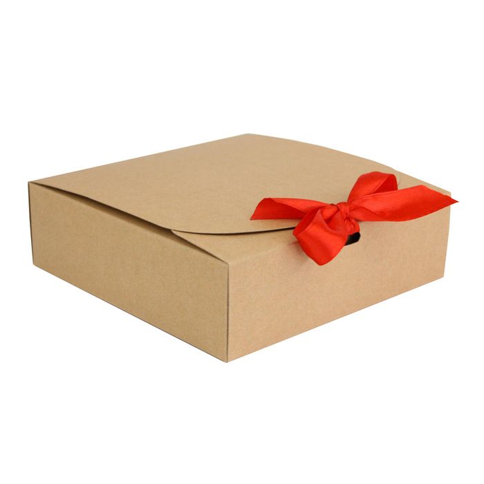 Emartbuy Square Shaped Presentation Gift Box, 16.5 cm x 16.5 cm x 5 cm, Easy Assembly, Brown Kraft Box with Red Bow Ribbon