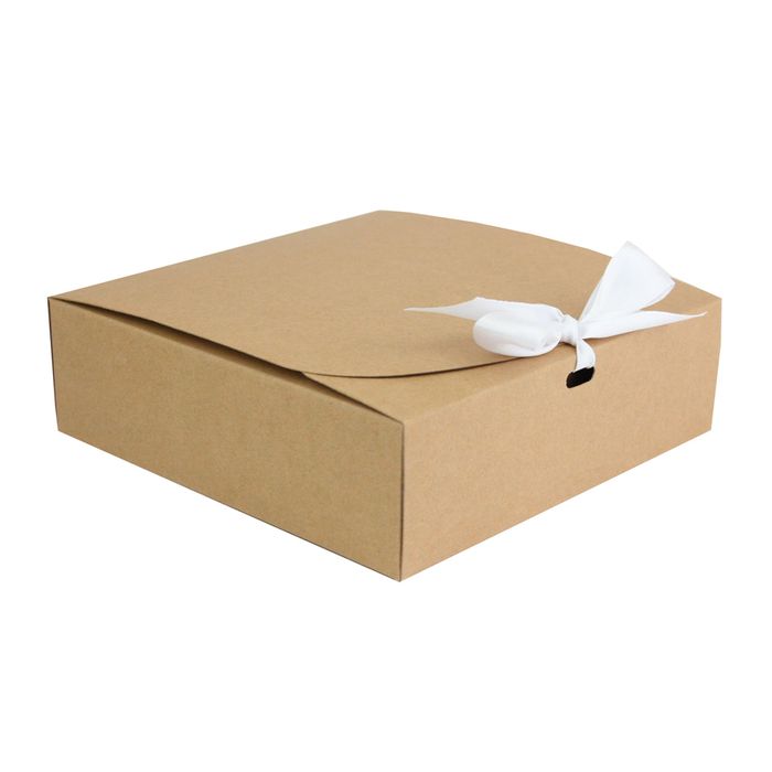 Emartbuy Square Shaped Presentation Gift Box , 16.5 cm x 16.5 cm x 5 cm , Easy Assembly , Brown Kraft Box with White Bow Ribbon