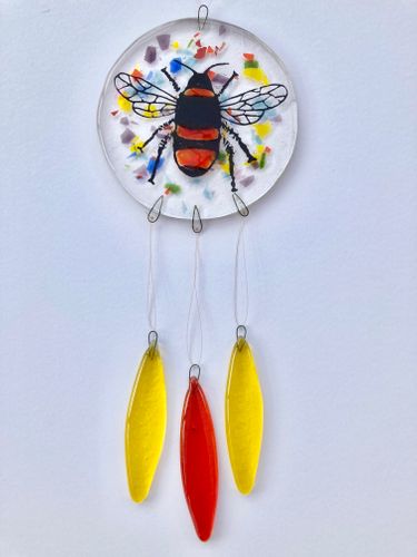 Hand painted fused glass Bee Garden Hanging
