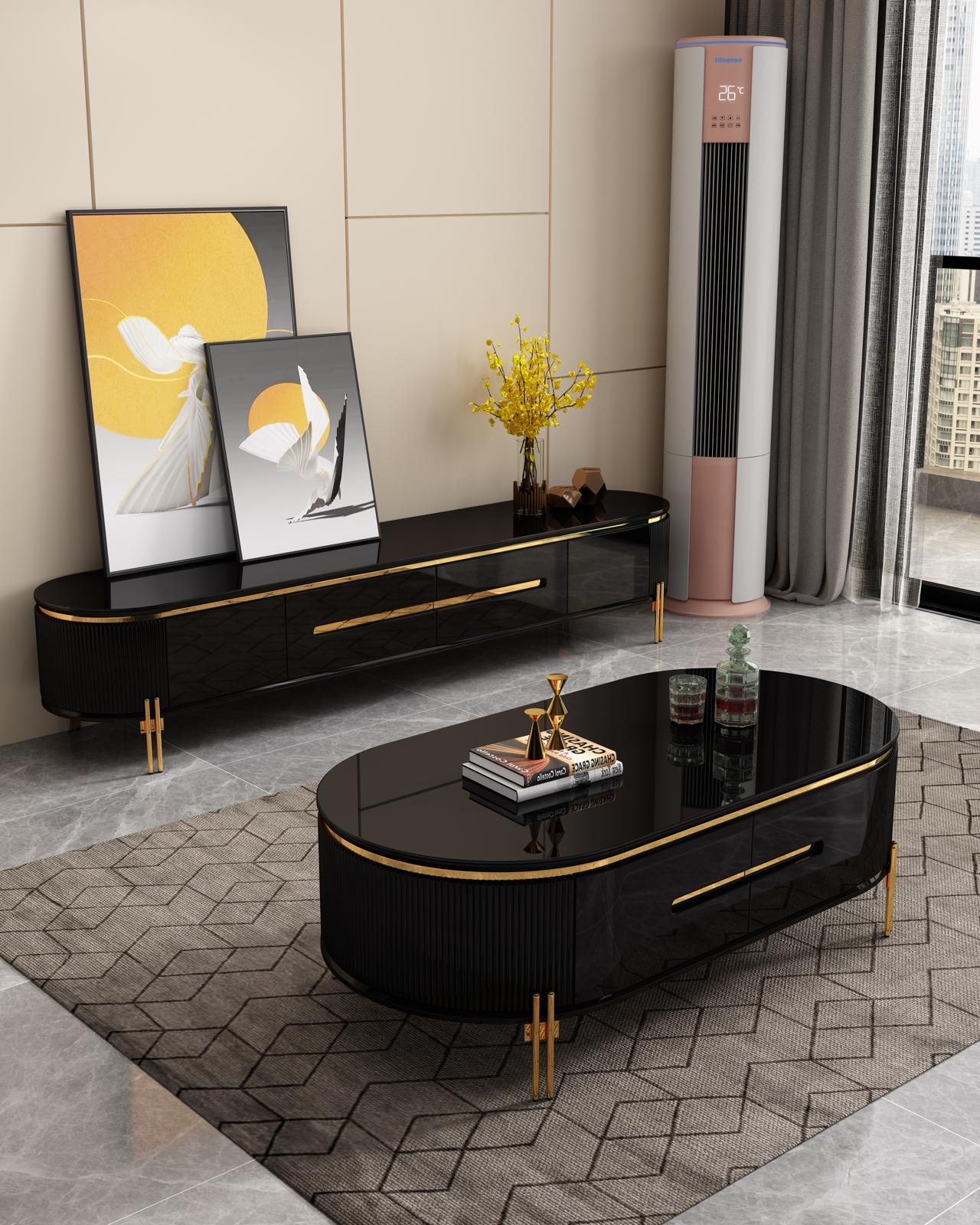 Black & Gold High Gloss TV Unit & Coffee Table