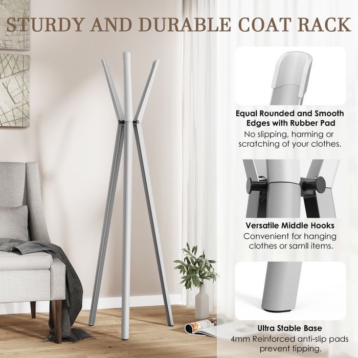 KAPANOU Freestanding Coat Rack with 6 Hooks, Entryway Hall Tree Metal Coat rack for Hat, Purse, Jacket, Umbrella and Accessories, Heavy Duty Aluminum Coat Rack for Bedroom, Office, Grey