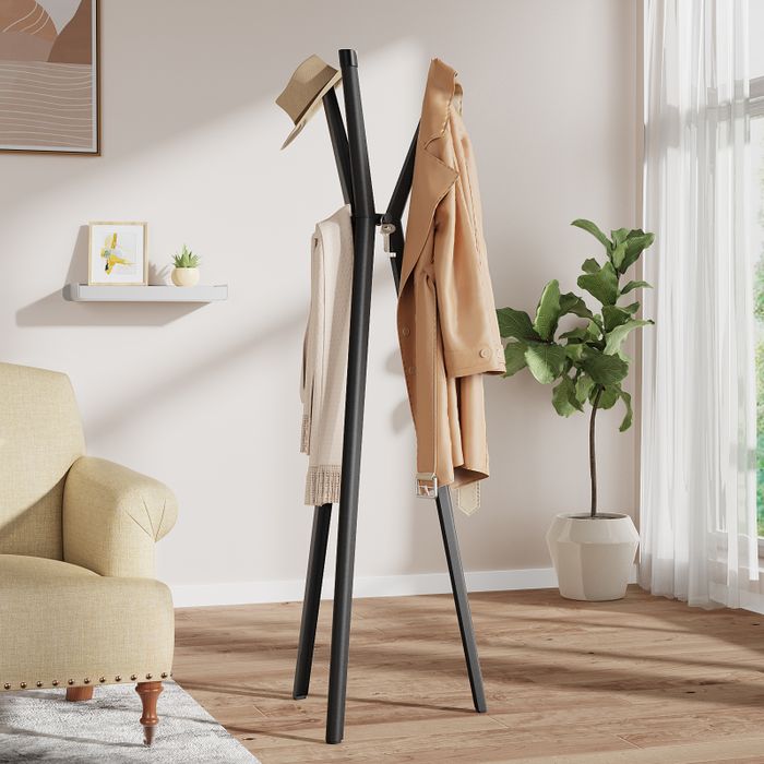 KAPANOU Freestanding Coat Rack with 6 Hooks, Entryway Hall Tree Metal Coat rack for Hat, Purse, Jacket, Umbrella and Accessories, Heavy Duty Aluminum Coat Rack for Bedroom, Office, Black