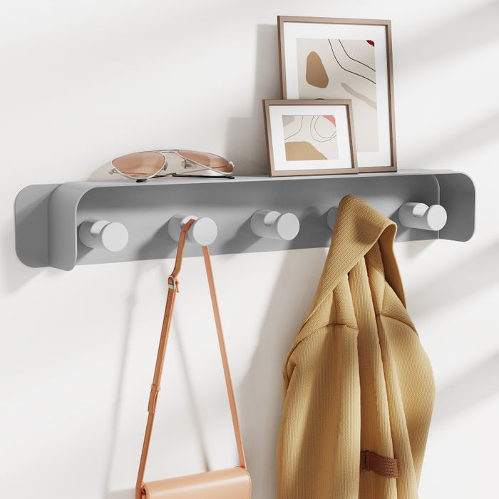 KAPANOU Coat Rack Wall Mount with Shelf-5 Hooks, Sturdy Metal Coat Hook Rail for Bathroom, Bedroom, Entryway, Versatile and Decorative Aluminum Clothes Hanger for Hanging Towels, Hats, Bag (Grey)