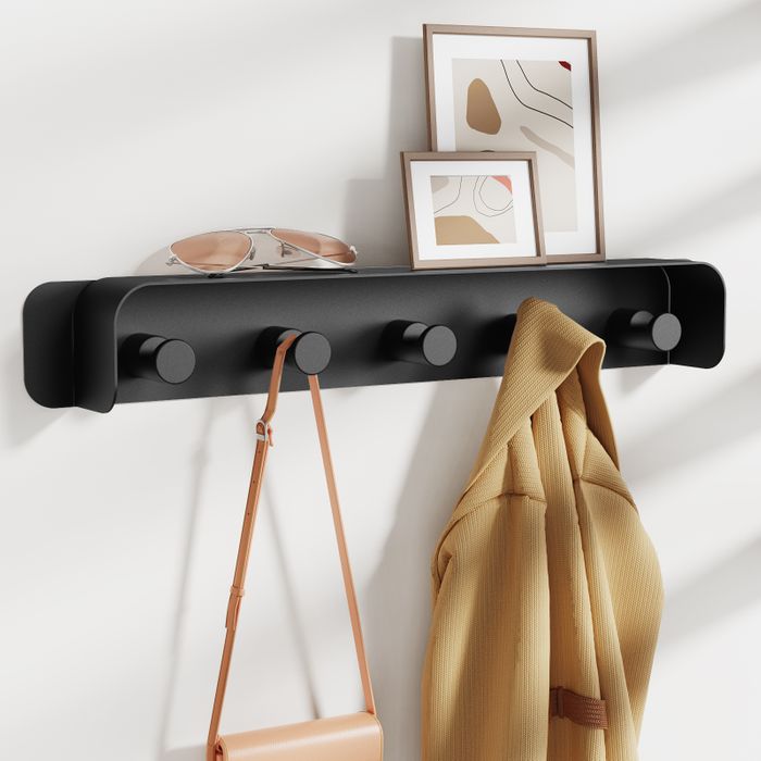 KAPANOU Wall Mounted Coat Rack with Shelf-5 Hooks, Coat Rail with Heavy Duty Metal Hooks for Bathroom, Bedroom, Entryway, Modern and Decorative Aluminum Wall Hanger for Hanging Coats, Towels, Hats (Black)