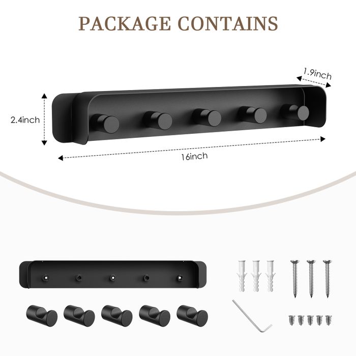 KAPANOU Wall Mounted Coat Rack with Shelf-5 Hooks, Coat Rail with Heavy Duty Metal Hooks for Bathroom, Bedroom, Entryway, Modern and Decorative Aluminum Wall Hanger for Hanging Coats, Towels, Hats (Black)