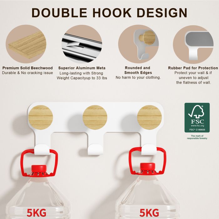KAPANOU dual Coat Rack With Hooks 2 Pack 6 Hooks, Heavy Duty Metal Wall Hooks with Wooden Rustic Hanger for Towels, Hats, Backpack, Home Decor Hooks for Door, Bathroom, Bedroom, Entryway (Wood Brown / White)