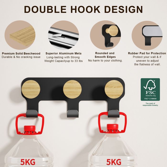 KAPANOU dual Coat Hooks Wall Mounted 2 Pack 6 Hooks, Vintage Brown Rubberwood Coat Rack with Sturdy Black Metal Hanger for Jackets, Towels Or Hats, Decorative Hooks for Bathroom, Bedroom, Entryway