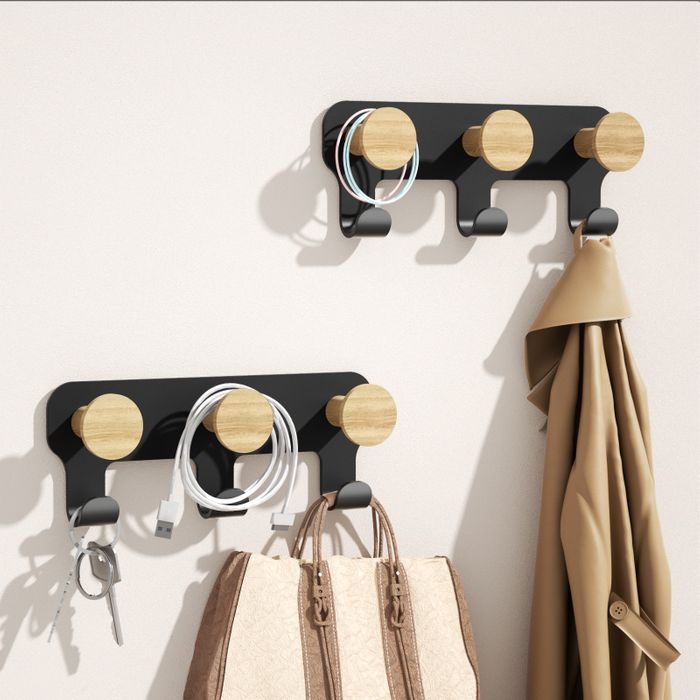 KAPANOU dual Coat Hooks Wall Mounted 2 Pack 6 Hooks, Vintage Brown Rubberwood Coat Rack with Sturdy Black Metal Hanger for Jackets, Towels Or Hats, Decorative Hooks for Bathroom, Bedroom, Entryway