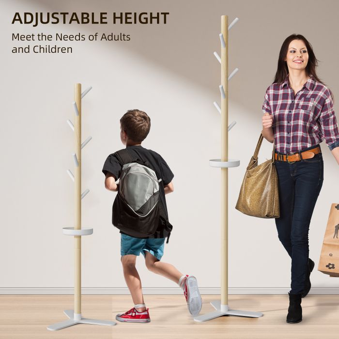 KAPANOU Wooden Coat Rack Free Standing Entryway Hall Tree, Rustic Coat Hanger Stand with Storage Tray 7 Hooks for Hat, Purse, Jacket, Umbrella and Accessories, Wood Brown/ White