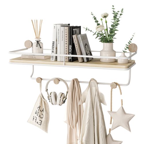 KAPANOU Floating Shelves with Coat Hooks Rail, Wall Mounted Natural Wood Grain Shelf for Bathroom, Bedroom, Living Room (White)