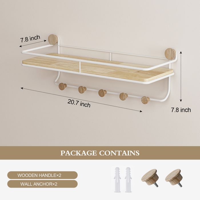 KAPANOU Floating Shelves with Coat Hooks Rail, Wall Mounted Natural Wood Grain Shelf for Bathroom, Bedroom, Living Room (White)