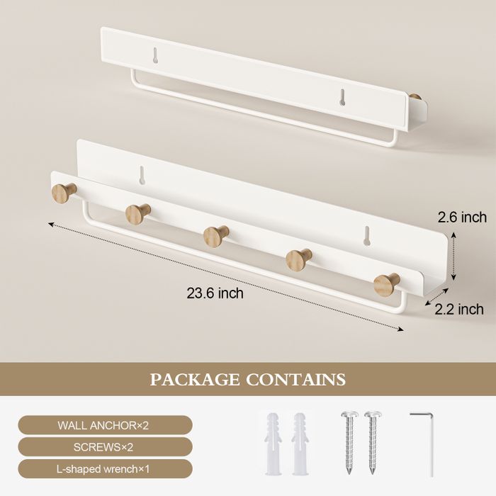 KAPANOU Floating Shelves with Lip, Coat Hooks & Towel Rack, Natural Wood Grain Wall Shelf for Bathroom, Bedroom, Living Room (White)