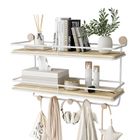 KAPANOU 2 Tier Floating Shelves with Coat Hooks Rail, Wall Mounted Natural Wood Grain Shelf for Bathroom, Bedroom, Living Room (White)