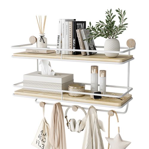 KAPANOU 2 Tier Floating Shelves with Coat Hooks Rail, Wall Mounted Natural Wood Grain Shelf for Bathroom, Bedroom, Living Room (White)
