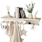 KAPANOU Floating Shelves for Wall, Natural Wood grain Shelf with Front and Back Coat Hooks and Extra Storage Compartments (White)