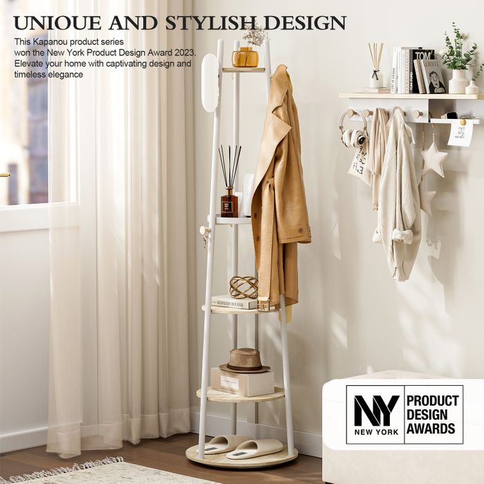 KAPANOU Rotatable Coat Rack Stand Coat Tree with 6 Hooks and 5 Shelves for Entryway Bedroom (White)
