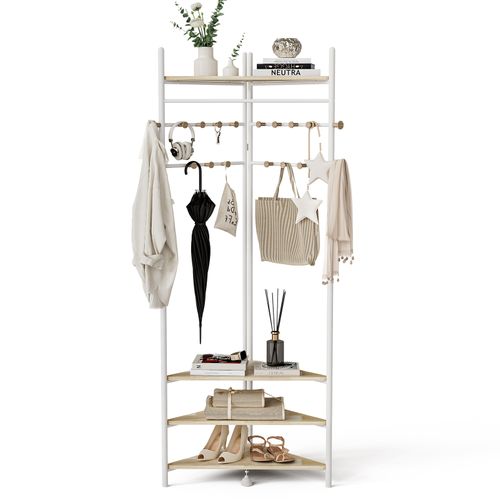 KAPANOU Corner Metal Coat Rack Freestanding Entryway Clothes Hanger with 18 Wooden Hooks and 4 Shelves for Bedroom (White)
