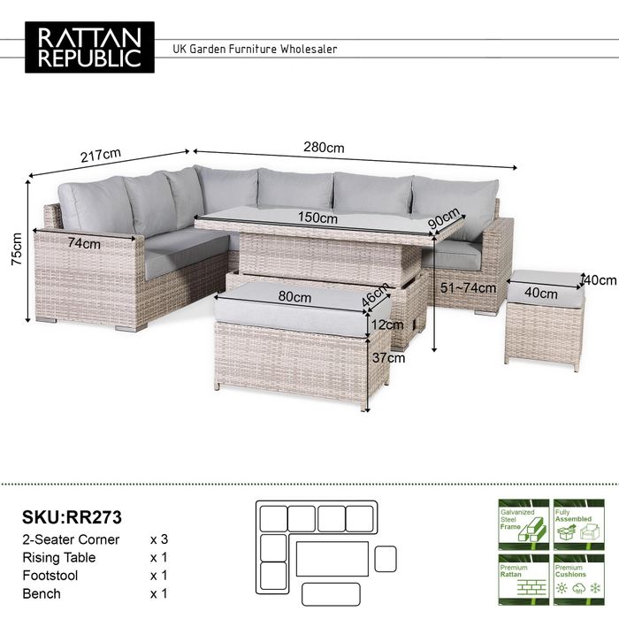 Aurora Range High Back Left Hand Corner Sofa Set with Rising Table