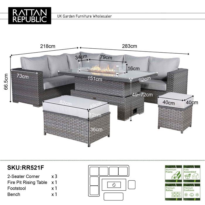 Catalina Range Modular Corner Sofa Set with Fire Pit Rising Table