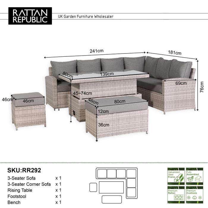 Monaco Range Right Hand Corner Sofa Set with Rising Table in Beige Grey Weave