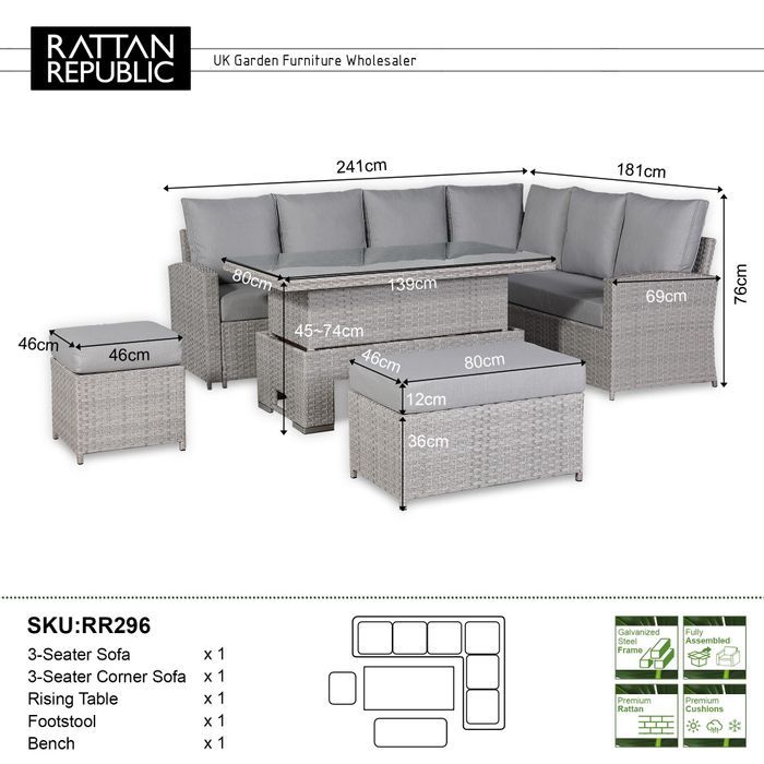 Monaco Range Right Hand Corner Sofa Set with Rising Table in Light Grey Weave